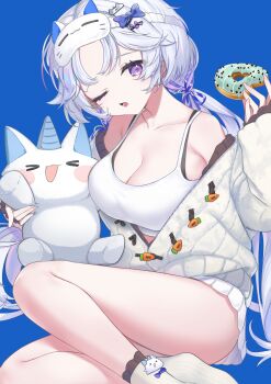1girl absurdres ayatsuno_yuni bare_shoulders blue_background breasts camisole cleavage collarbone commentary_request donut feet_out_of_frame food grey_hair highres holding holding_food jacket large_breasts long_hair long_sleeves low_twintails mask mask_on_head nanana_narang no_shoes off_shoulder one_eye_closed open_clothes open_jacket parted_lips purple_eyes simple_background sleep_mask sleeves_past_wrists socks solo stellive stuffed_animal stuffed_toy stuffed_unicorn twintails very_long_hair virtual_youtuber white_camisole white_jacket white_socks