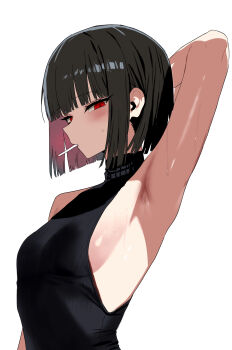 1girl absurdres arm_up armpit_focus armpits black_hair black_sweater blunt_ends blush breasts candy colored_inner_hair commentary extrahigh_37 food food_in_mouth highres korean_commentary limbus_company lollipop lollipop_in_mouth looking_at_viewer looking_to_the_side multicolored_hair no_bra presenting_own_armpit project_moon red_eyes ribbed_sweater ryoshu_(project_moon) short_hair sideboob sideways_glance simple_background sleeveless sleeveless_sweater small_breasts solo sweat sweater turtleneck turtleneck_sweater upper_body white_background wispy_bangs