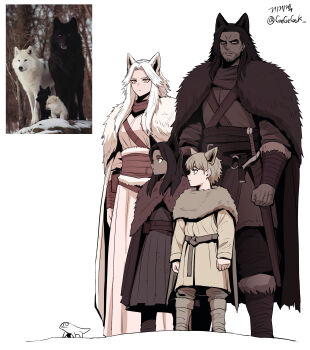 2boys 2girls absurdres animal_ears baby_animal belt boots cape coat creature_and_personification dog dress family fur-trimmed_boots fur-trimmed_cape fur_trim gegegekman highres long_hair multiple_boys multiple_girls original personification photo_inset puppy sheath sheathed short_hair sword weapon white_background white_fur white_hair winter_clothes wolf wolf_boy wolf_ears