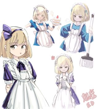 alice_margatroid alice_margatroid_(pc-98) alternate_costume anger_vein apron blonde_hair blue_dress blue_eyes blue_hairband blush broom cake dress food frilled_apron frilled_shirt_collar frills hairband hand_on_own_hip highres holding holding_broom long_sleeves maid maid_apron maid_headdress official_alternate_costume plate pout short_hair short_sleeves tongue tongue_out touhou touhou_(pc-98) tray white_apron wrist_cuffs yellow_eyes yugiri_(yugiri_picture)