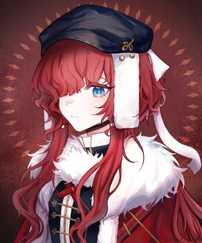 1girl black_hat black_vest blue_eyes cape chinese_commentary commentary_request cross_tie fur-trimmed_cape fur_trim hair_over_one_eye hat highres long_hair long_sidelocks looking_at_viewer newsboy_cap one_eye_covered que_(quebai83301) red_background red_cape red_hair reverse:1999 shirt sidelocks solo upper_body vest white_shirt yenisei_(reverse:1999)