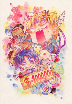 1girl 2boys anger_vein argyle bad_id bad_pixiv_id battle_tendency blonde_hair blue_eyes blue_hair bow bowtie caesar_anthonio_zeppeli card chibi clubs colored_pencil_(medium) diamonds dice dollar_sign flower headband heart jojo_no_kimyou_na_bouken joseph_joestar joseph_joestar_(young) mimikuso multiple_boys one_eye_closed painting_(medium) playing_card poker_chip red_stone_of_aja rose slot_machine spade spade_(shape) spades stone_mask_(jojo) suzi_q traditional_media watercolor_(medium)