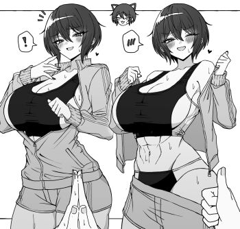 ! 1girl animal_ears blush breasts cat_ears chibi chibi_inset cleavage collarbone greyscale gym_shorts hair_between_eyes heart highres jacket large_breasts looking_at_viewer monochrome multiple_views muscular muscular_female one_eye_closed open_mouth original out_of_frame partially_unzipped praying short_hair shorts sidelocks simple_background solo speech_bubble sports_bikini sportswear thumbs_up track_jacket white_background yones81239278