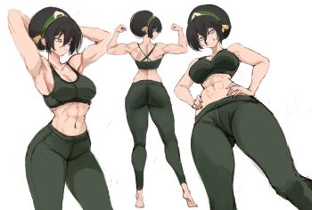 1girl :/ abs armpits arms_behind_head arms_up ass avatar:_aang_the_last_airbender avatar:_the_last_airbender avatar_legends back back_muscles biceps black_hair blind breasts cleavage collarbone commentary deltoids double_biceps_pose flexing from_below green_hairband green_pants green_sports_bra grey_eyes hair_between_eyes hair_bun hairband hands_on_own_hips highres large_breasts linea_alba looking_at_viewer looking_back looking_to_the_side median_furrow multiple_views muscular muscular_female navel pants parted_lips rakeemspoon short_hair shoulder_blades sidelocks simple_background single_hair_bun sketch smile sports_bra standing teeth thighs toph_beifong triceps white_background