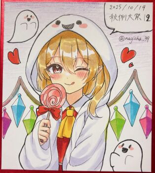 1girl :d ;q ascot blonde_hair blush candy cloak collared_shirt dated double-parted_bangs flandre_scarlet food ghost ghost_costume hair_between_eyes heart heart_in_eye highres holding holding_candy holding_food holding_lollipop hood hooded_cloak lollipop looking_at_viewer nagicha one_eye_closed open_mouth pointy_ears red_eyes red_vest shikishi shirt smile symbol_in_eye tongue tongue_out touhou traditional_media twitter_username upper_body vest white_background white_cloak white_shirt yellow_ascot