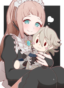 1girl amagumo1023 black_background black_dress black_thighhighs blush blush_stickers border bridal_gauntlets brooch character_doll closed_mouth commentary_request commission doll dress felicia_(fire_emblem) fingernails fire_emblem fire_emblem_fates heart highres holding holding_doll jewelry juliet_sleeves long_hair long_sleeves looking_at_viewer maid maid_headdress male_corrin_(fire_emblem) nintendo outside_border pink_hair pink_nails ponytail puffy_sleeves simple_background sitting skeb_commission smile solo thighhighs white_border