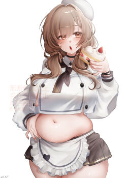1girl absurdres apron belly belly_grab bibie307 black_choker black_nails blush bow bracelet bready_(nikke) breasts brown_bow brown_eyes brown_hair brown_neckerchief brown_skirt buttons cake cake_slice chef_hat chinese_text choker commentary_request cowboy_shot dated diamond_button food frilled_apron frills goddess_of_victory:_nikke hair_intakes hair_over_shoulder hand_up hat heart highres holding holding_food jewelry large_breasts long_hair long_sleeves looking_to_the_side love_handles low_twintails microskirt muffin_top nail_polish navel neckerchief open_mouth patissier plump popped_button puffy_long_sleeves puffy_sleeves shirt simple_background skirt solo strawberry_shortcake teeth twintails twitter_username upper_teeth_only waist_apron watermark white_background white_hat white_shirt