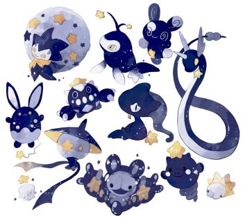 :3 @_@ alternate_color alternate_shiny_pokemon animal_focus arms_up azumarill banette black_eyes blue_eyes bright_pupils cacnea commentary dragonair eldegoss full_body gen_1_pokemon gen_2_pokemon gen_3_pokemon gen_5_pokemon gen_8_pokemon head_wings lampent lanturn leg_up li04r litwick looking_at_viewer looking_to_the_side night night_sky nintendo no_humans pokemon pokemon_(creature) reuniclus simple_background sitting sky smile snom spinda spoink standing star_(symbol) symbol-only_commentary white_background wings yellow_eyes