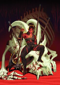 1girl absurdres animal_skeleton axe baldur's_gate baldur's_gate_3 black_boots blood blood_on_arm blood_on_face bloody_weapon bone boots broken_horn colored_skin demon_girl demon_horns dragon_skull dungeons_&amp;_dragons dungeons_&amp;_dragons fingernails highres horns karlach knee_boots looking_at_viewer medium_hair pentagram pointy_ears red_skin second-party_source serious sharp_fingernails sinwon_ms30 sitting solo tiefling weapon yellow_eyes