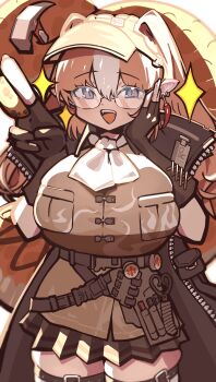 1girl 360_(taiyo360) :d absurdres adjusting_eyewear arknights ascot black_gloves black_jacket black_skirt blush breast_pocket breasts brown_shirt cowboy_shot earrings elbow_gloves fangs fingerless_gloves food-themed_earrings glasses gloves hammer hands_up highres holding holding_with_tail huge_breasts jacket jewelry looking_at_viewer miniskirt open_mouth orange_eyes orange_hair pleated_skirt pocket pointy_ears prehensile_tail shirt skirt smile snake_girl snake_tail solo sparkle tail teeth thighhighs thighs twintails upper_teeth_only visor_cap white_ascot wulfenite_(arknights) zettai_ryouiki