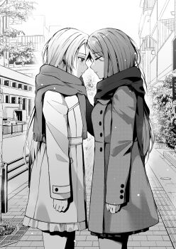 2girls absurdres bang_dream! bang_dream!_it's_mygo!!!!! blush chihaya_anon chinese_commentary closed_eyes closed_mouth coat commentary_request enpera forehead-to-forehead greyscale hcl_(hsiehdrew) heads_together highres long_hair long_sleeves monochrome multiple_girls nagasaki_soyo outdoors revision scarf winter_clothes yuri