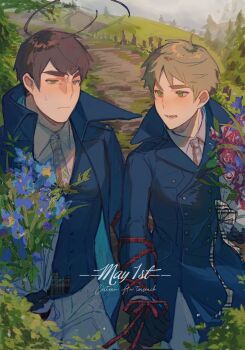 2boys ahoge anger_vein axis_powers_hetalia black_gloves blonde_hair blue_coat bound bound_arms bound_together bouquet brothers brown_hair checkered_ribbon coat collared_shirt cowboy_shot flower gloves grass green_eyes highres hill holding holding_bouquet huge_ahoge krank327 looking_at_another male_focus multiple_boys necktie open_mouth outdoors path road scotland_(hetalia) shirt short_hair siblings smile sweatdrop thick_eyebrows united_kingdom_(hetalia)
