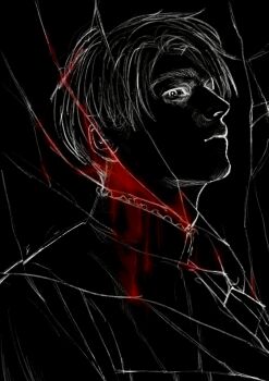 Rule 34 | 1boy, black theme, blood, broken glass, chi.: chikyuu no undou ni tsuite, closed mouth, commentary request, glass, highres, jacket, k05062688, looking at viewer, male focus, rafal (chi.), solo, upper body