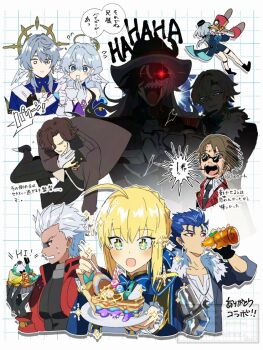 +_+ 1other 2girls 6+boys ahoge animal_ears aqua_eyes archer_(fate) archer_(honkai:_star_rail)_(fate) armor arrow_(symbol) artoria_pendragon_(fate) aventurine_(honkai:_star_rail) back bare_shoulders black_bodysuit black_boots black_bow black_eyes black_gloves black_hair black_hat black_jacket black_necktie black_pants black_shoes blonde_hair blue_bow blue_bowtie blue_choker blue_dress blue_eyes blue_hair blue_hat blue_jacket blue_shirt blue_shorts blue_sleeves blush bodysuit boothill_(honkai:_star_rail) boots bottle bow bowtie bracelet braid breasts brother_and_sister brown_hair brown_jacket cake cake_slice cape checkered_background choker closed_eyes closed_mouth coat collarbone collared_shirt commentary_request cowboy_hat creature crescent crescent_necklace crossed_bangs crying cu_chulainn_(honkai:_star_rail)_(fate) cu_chulainn_(lancer)_(fate) cup cupcake cyborg dark-skinned_male dark_skin detached_sleeves dress drinking earrings empty_eyes fate/stay_night fate/unlimited_blade_works fate_(series) feathered_wings fingerless_gloves fingernails flying_sweatdrops food frills full_body fur-trimmed_jacket fur_trim gem gloves gold_earrings gold_trim grey_armor grey_hair hair_between_eyes hair_bow hair_bun hair_over_one_eye halo halo_behind_head hand_on_own_chest hand_on_own_chin hand_up hands_up happy hat hat_feather hat_ornament head_wings holding holding_bottle holding_cup holding_food holding_plate holding_spoon honkai:_star_rail honkai_(series) hug huge_ahoge jacket jewel_under_eye jewelry lapels long_hair long_sleeves looking_at_food looking_at_viewer looking_to_the_side low_ponytail medium_breasts misha_(honkai:_star_rail) mr._reca_(honkai:_star_rail) multicolored_hair multiple_boys multiple_girls necklace necktie open_clothes open_coat open_jacket open_mouth pants pearl_(gemstone) pearl_bracelet pirohi_(pirohi214) plate pom-pom_(honkai:_star_rail) ponytail purple_dress purple_eyes rabbit_ears red_cape red_coat red_eyes red_hat red_jacket robin_(honkai:_star_rail) saber_(fate) saber_(honkai:_star_rail)_(fate) scarf shadow sharp_teeth shirt shoes short_hair short_sleeves shorts shoulder_armor siblings sidelocks single_earring sitting skott_(honkai:_star_rail) sleeveless sleeveless_dress smile sparkle spoon star_ornament sunday_(honkai:_star_rail) sunglasses sweatdrop teeth thigh_strap tongue translation_request two-tone_dress two-tone_hair upper_body v-shaped_eyebrows watermark white_background white_dress white_gloves white_hair white_scarf white_shirt wings zipper
