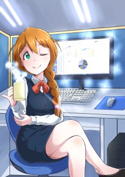 10s 1girl ;) aqua_eyes baba_konomi bad_perspective bare_legs black_shoes black_skirt black_vest bow bowtie braid brown_hair chair chart coffee_mug collared_shirt computer computer_keyboard computer_mouse crossed_legs cubicle cup david_dai desk eyebrows female_focus fluorescent_lamp glint graph hair_ornament hair_over_shoulder highres holding holding_cup idolmaster idolmaster_million_live! indoors long_hair long_sleeves looking_at_viewer monitor mousepad_(object) mug no_socks office office_chair office_lady one_eye_closed pencil_skirt pie_chart pinky_out shirt shoes single_braid sitting skirt skirt_set smile solo sparkle steam swivel_chair vest white_shirt