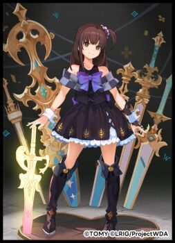 1girl black_boots black_dress boots brown_hair closed_mouth copyright_notice dress frilled_dress frills kominato_ruuko kurosawa_tetsu long_hair looking_at_viewer official_art one_side_up smile solo sword weapon white_wrist_cuffs wixoss wrist_cuffs yellow_eyes