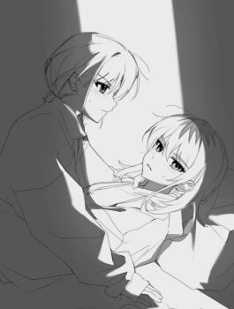 2girls blush closed_mouth earclip girls_band_cry greyscale highres hood hoodie i2727272727 iseri_nina kawaragi_momoka long_hair monochrome multicolored_hair multiple_girls parted_lips roots_(hair) short_twintails twintails yuri