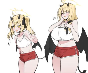 1girl :d absurdres age_progression aged_up ahoge alternate_breast_size_(larger) alternate_costume bare_arms bare_shoulders black_wings blonde_hair blue_archive blush clenched_hand closed_eyes commentary cowboy_shot cropped_shirt demon_horn demon_tail demon_wings hair_intakes hair_over_shoulder hair_ribbon halo hand_on_own_cheek hand_on_own_chest hand_on_own_face highres ibuki_(blue_archive) jahe_(73732258) looking_at_viewer low medium_hair multiple_views navel open_mouth red_shorts ribbon shirt shorts sidelocks sleeveless sleeveless_shirt smile sweatdrop tail thick_thighs thighs v white_background white_shirt wings yellow_eyes yellow_halo