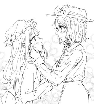 2girls blonde_hair blush bow brown_hair collar dress hair_bow hands_on_another&#039;s_cheeks hands_on_another&#039;s_face hat hat_bow heart heart_background highres kashiwada_kiiho long_dress long_hair long_sleeves looking_at_another maribel_hearn mob_cap multiple_girls necktie open_mouth sash shirt short_hair simple_background skirt sleeve_cuffs touhou usami_renko white_background white_bow white_collar white_hat white_shirt yuri