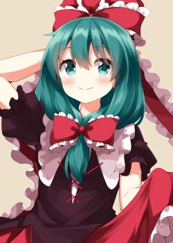 1girl arm_behind_head blush closed_mouth commentary_request dress frilled_dress frilled_ribbon frills front_ponytail green_eyes green_hair hair_ribbon highres kagiyama_hina long_hair red_dress red_ribbon ribbon ruu_(tksymkw) short_sleeves simple_background skirt_hold smile solo touhou upper_body yellow_background
