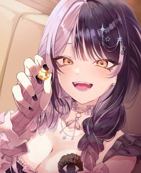 Rule 34 | 1girl, absurdres, black hair, braid, breasts, cleavage, close-up, grey hair, highres, hololive, hololive english, insfidelie, large breasts, long hair, looking at viewer, low twin braids, multicolored hair, official alternate costume, open mouth, shiori novella, shiori novella (sleepwear), solo, split-color hair, teeth, twin braids, two-tone hair, virtual youtuber, yellow eyes