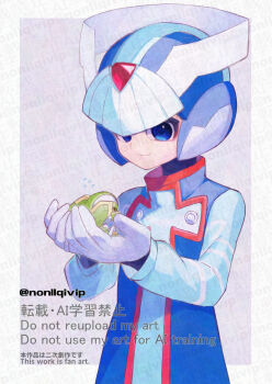2boys android armor blue_eyes blue_helmet blue_robe border cowboy_shot cyber_elf_x_(mega_man) fins forehead_jewel gloves green_armor green_helmet halo head_fins helmet holding holding_mini_person in_palm long_sleeves male_focus mega_man_(series) mega_man_zero_(series) mini_person miniboy multiple_boys robe sage_harpuia_(mega_man) simple_background standing twitter_username watermark white_border white_gloves x_(mega_man) yamanashi_taiki