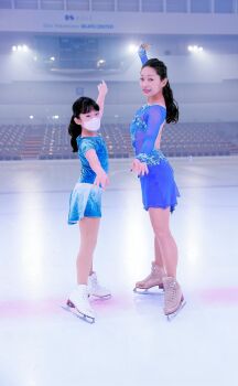 2girls andou_himawari andou_miki black_hair blue_dress dress figure_skating figure_skating_dress mother_and_daughter multiple_girls photo_(object)