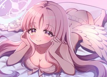 1girl aqua_halo bare_arms blue_archive blush breasts cleavage closed_mouth collarbone commentary_request feathered_wings halo highres kotoka long_hair looking_at_viewer low_wings medium_breasts mika_(blue_archive) mika_(swimsuit)_(blue_archive) official_alternate_costume official_alternate_hairstyle pink_hair purple_eyes smile solo swimsuit very_long_hair white_wings wings