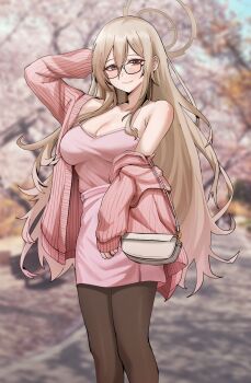 Rule 34 | 1girl, absurdres, akane (blue archive), alternate costume, bag, bare shoulders, blue archive, blurry, blurry background, blush, breasts, brown eyes, brown hair, brown halo, brown pantyhose, cherry blossoms, cleavage, commentary request, glasses, halo, handbag, highres, large breasts, long hair, looking at viewer, pantyhose, photo background, pink sweater, pink tank top, smile, solo, sweater, taeman, tank top, tree, very long hair
