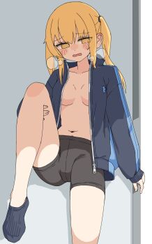 1girl @_@ absurdres ankle_socks bike_shorts black_socks blonde_hair blue_jacket blush_stickers breasts brown_eyes collarbone commentary_request hair_between_eyes heavy_breathing highres jacket knee_up kopaka_(karda_nui) medium_breasts navel no_shoes open_clothes open_jacket open_mouth original ribbed_socks socks solo track_jacket twintails wavy_mouth