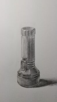 Rule 34 | commentary request, flashlight, graphite (medium), grey outline, greyscale, harusa1107, highres, monochrome, no humans, object focus, original, outline, realistic, shadow, sketch, still life, traditional media, white background