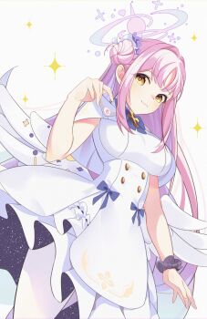 1girl absurdres angel_wings blue_archive blue_bow bow breasts capelet closed_mouth dress feathered_wings flower gold_trim hair_bun hair_flower hair_ornament halo highres long_hair looking_at_viewer low_wings medium_breasts mika_(blue_archive) pantyhose pink_hair pink_halo purple_flower scrunchie simple_background single_hair_bun single_side_bun smile solo very_long_hair white_background white_capelet white_dress white_pantyhose white_wings wing_ornament wings wrist_scrunchie yellow_eyes yoshitoki_(kisshin)