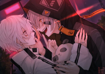 2boys absurdres arm_up bandaid bandaid_on_face bandaid_on_neck black_jacket black_nails commentary crazy_smile dutch_angle earrings english_commentary eyes_visible_through_hair fangs fingernails from_side grey_hair hair_between_eyes hand_on_another&#039;s_arm hand_on_another&#039;s_face hand_on_another&#039;s_shoulder high_collar highres hood hood_up hooded_jacket index_finger_raised jacket jewelry light_blush long_sleeves looking_at_another luto_gray000 male_focus multiple_boys nail_polish open_mouth orange_eyes original panda parted_lips purple_eyes short_hair sleeves_past_wrists smile stuffed_animal stuffed_panda stuffed_toy teeth track_jacket white_hair yaoi zipper_pull_tab