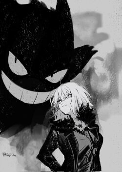 1girl ahoge black_dress dress fate/grand_order fate_(series) fur_trim gen_1_pokemon gengar greyscale hair_between_eyes highres jacket jeanne_d&#039;arc_alter_(avenger)_(fate) jeanne_d&#039;arc_alter_(fate) jeanne_d&#039;arc_alter_(ver._shinjuku_1999)_(fate) jewelry long_sleeves looking_at_viewer monochrome nintendo official_alternate_costume pokemon pokemon_(creature) ringo_1046 short_hair white_hair