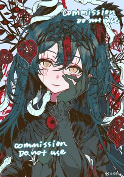 1girl absurdres blue_eyes branch commission copyright_request disembodied_eye double-parted_bangs flower_request gloves hair_between_eyes hand_on_own_cheek hand_on_own_face head_tilt highres horns liquid long_hair looking_at_viewer parted_lips plant_request pointy_ears smile snake straight-on third_eye thorns two_side_up upper_body upturned_eyes yellow_eyes zuizui