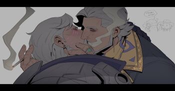 Rule 34 | 2boys, absurdres, bags under eyes, beard, black border, border, cheekbones, cigarette, commentary, coughing, couple, doctor strange, doctor strange (bleeker street strut), doctor strange (series), earrings, english commentary, english text, facial hair, facial mark, french kiss, glowing markings, grey hair, hand on another's face, highres, holding, holding cigarette, jacket, jewelry, kiss, letterboxed, magneto, magneto (temporal tyrant), marvel, marvel rivals, mature male, multiple boys, official alternate costume, purple jacket, ring, scar, scar on hand, serpentbun, short hair, smoke from mouth, smoking, stud earrings, upper body, white background, white facial hair, white hair, x-men, yaoi