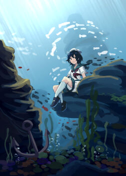 1girl anchor black_eyes black_hair black_shoes bubble closed_mouth fish furahata_gen green_sailor_collar hair_between_eyes hat highres light_rays murasa_minamitsu neckerchief pants red_neckerchief rock sailor_collar sailor_hat school_of_fish seaweed shirt shoes short_hair short_sleeves sitting smile socks solo touhou underwear white_pants white_shirt white_socks