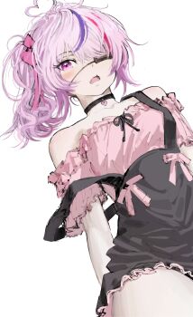 1girl absurdres ahoge bare_shoulders black_choker blush choker d: dress eyepatch fang hashtag-only_commentary heart heart_ahoge highres looking_at_viewer maria_marionette maria_marionette_(farmer) multicolored_hair nijisanji nijisanji_en off-shoulder_dress off_shoulder open_mouth pink_eyes pink_hair purple_hair seeledayo side_ponytail simple_background solo strap_slip streaked_hair virtual_youtuber white_background