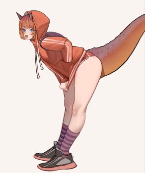 1girl backpack bag blue_eyes blush carnotaurus dinosaur_girl dinosaur_tail dolphin_shorts drawstring from_side grey_background hand_in_pocket highres hood hoodie hoodie_pull horns kamitoge_supino leaning_forward open_mouth orange_hair orange_hoodie orange_shorts original shoes short_hair shorts smile sneakers socks solo striped_clothes striped_socks tail