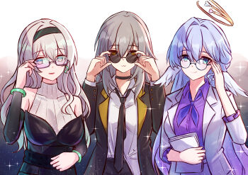 3girls :3 absurdres adjusting_eyewear alternate_costume bespectacled black_choker black_hairband black_jacket black_necktie black_pants black_sleeves blue_eyes blue_hair blue_neckerchief bracelet choker closed_mouth collarbone detached_sleeves earrings firefly_(honkai:_star_rail) formal_clothes glasses grey_hair hair_between_eyes hair_intakes hairband halo head_wings highres holding holding_paper honkai:_star_rail honkai_(series) jacket jewelry jimpu6 long_hair long_sleeves looking_at_viewer medium_hair multiple_girls neckerchief necktie non-web_source pants paper pink-tinted_eyewear purple_shirt red_lips robin_(honkai:_star_rail) robin_(on_the_journey)_(honkai:_star_rail) shirt sidelocks single_earring sleeveless sleeveless_sweater smile stelle_(honkai:_star_rail) sunglasses sweater tinted_eyewear trailblazer_(honkai:_star_rail) very_long_hair white_hair white_jacket white_shirt white_sweater white_wings wings yellow_eyes yellow_halo
