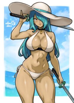 1girl absurdres arm_up artist_name bikini blue_sky breasts cleavage cloud commentary commission cowboy_shot dual_wielding earrings english_commentary facing_viewer fingernails green_hair green_nails hair_over_one_eye hat highres holding holding_sword holding_weapon jewelry ko-fi_commission large_breasts light_blush long_fingernails long_hair mole mole_under_eye multiple_swords nail_polish navel ocean one_eye_covered original rotomdocs side-tie_bikini_bottom sideways_glance signature sky smile solo standing stomach sun_hat swimsuit sword toned toned_female weapon
