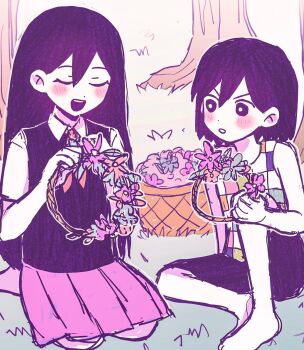 1boy 1girl :d bare_arms bare_legs bare_shoulders barefoot basket blush bright_pupils checkered_clothes closed_eyes collared_shirt colored_skin dot_nose double-parted_bangs flower flower_wreath full_body gradient_background grey_flower hair_behind_ear hair_between_eyes hand_up hands_up head_wreath highres holding_head_wreath kel_(headspace)_(omori) kel_(omori) knee_up knees_apart_feet_together long_hair looking_at_another mari_(headspace)_(omori) mari_(omori) medium_skirt neckerchief omori on_grass open_mouth outdoors outline parted_lips pink_flower pink_skirt pleated_skirt purple_eyes purple_hair purple_shorts purple_sweater_vest red_flower red_neckerchief seiza shirt short_hair short_sleeves shorts simple_background sitting skirt sleeveless sleeveless_shirt smile straight_hair sweater_vest tareme teeth tree u_u upper_teeth_only v-shaped_eyebrows very_long_hair watya_wacha white_background white_outline white_pupils white_shirt white_skin