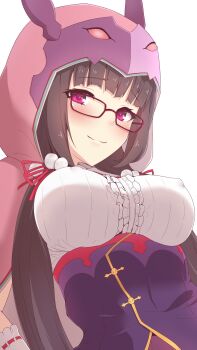 1girl blush breasts brown_hair cloak commentary_request fate/grand_order fate_(series) glasses highres hood hooded_cloak koumei_(twinameless) large_breasts long_hair looking_at_viewer low_twintails osakabehime_(fate) pink_cloak pink_eyes red-framed_eyewear simple_background smile solo twintails very_long_hair white_background