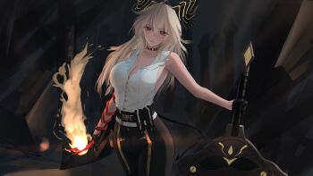 absurdres black_horns black_pants black_tail button_gap curled_horns exoius high-waist_pants highres horns necktie necktie_around_wrists pants red_eyes red_necktie shirt_tucked_in tight_clothes tight_pants white_hair wuthering_waves zani_(wuthering_waves)