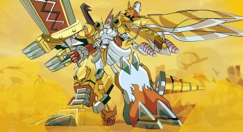 Rule 34 | absurdres, armor, arresterdramon, ballistamon, braid, cheungsk1213, digimon, digimon (creature), dorulumon, drill, energy gun, fusion, highres, long hair, mervamon, minervamon, omegashoutmon, original, pickmon, ray gun, shoutmon x10, sparrowmon, starmon (digimon xros wars), sword, tail, tuwarmon, weapon, zekegreymon