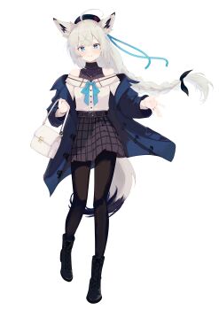 Rule 34 | absurdres, animal ears, azur lane, bag, bare shoulders, belt, black bow, black hat, black pantyhose, black shoes, blue bow, blue eyes, boots, bow, braid, coat, fox ears, fox girl, fox tail, full body, hair bow, handbag, hat, highres, jewelry, kawakaze (azur lane), light smile, long hair, long sleeves, natsuki (natsu 1936), necklace, open clothes, open coat, pantyhose, pleated skirt, shirt, shoes, simple background, skirt, tail, valentine, white background, white hair, white shirt