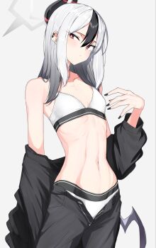 1girl black_horns black_jacket black_nails black_pants blue_archive bra closed_mouth commentary_request double-parted_bangs earclip fingernails gradient_hair grey_hair grey_halo hair_between_eyes halo highres horns isocha jacket jacket_partially_removed kayoko_(blue_archive) long_bangs long_hair low_wings multicolored_hair nail_polish navel no_shirt open_fly open_pants panties pants red_eyes simple_background solo stomach streaked_hair underwear unzipped white_background white_bra white_panties wings