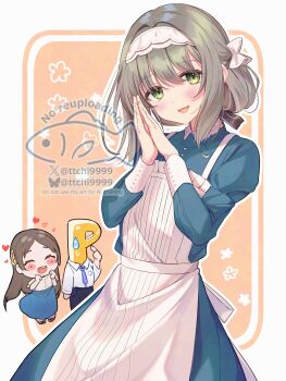 Rule 34 | 1boy, 2girls, absurdres, apron, blue dress, blush, collared dress, dress, gakuen idolmaster, green eyes, hair between eyes, highres, hiwatari kanae, idolmaster, kuramoto china, looking at viewer, maid headdress, miyanome, multicolored hair, multiple girls, open mouth, own hands together, producer (idolmaster), puffy sleeves, smile, solo focus, twitter username, watermark, white apron