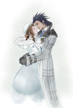 1boy 1girl aerith_gainsborough aerith_gainsborough_(fairy_of_snowfall) anna_m black_gloves black_hair blue_necktie brown_hair coat commentary couple cross_scar english_commentary facial_scar feet_out_of_frame final_fantasy final_fantasy_vii final_fantasy_vii:_ever_crisis fingerless_gloves from_side fur-trimmed_coat fur_trim gloves hetero highres hood hood_down hug long_hair long_sleeves looking_at_another necktie official_alternate_costume pom_pom_(clothes) profile scar scar_on_cheek scar_on_face smile white_coat white_gloves zack_fair zack_fair_(holiday_suit)