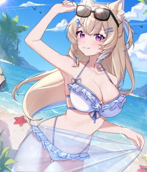 Rule 34 | 1girl, :3, absurdres, adjusting eyewear, animal ear fluff, animal ears, bandaid, bandaid hair ornament, beach, bikini, black-framed eyewear, blonde hair, blue nails, blue sarong, blue sky, blue streaks, blush, breasts, cleavage, closed mouth, collarbone, commentary, cowboy shot, dog ears, dutch angle, eyewear on head, fingernails, frilled bikini, frills, fuwawa abyssgard, hair ornament, hairclip, hand on eyewear, hashtag-only commentary, highres, hololive, hololive english, large breasts, long fingernails, long hair, looking at viewer, multi-strapped bikini bottom, multicolored hair, navel, ocean, one side up, outdoors, parallel hairclips, pink eyes, sarong, sarong hold, see-through clothes, see-through sarong, sky, solo, stomach, streaked hair, sunglasses, swimsuit, virtual youtuber, white bikini, yonesaeko